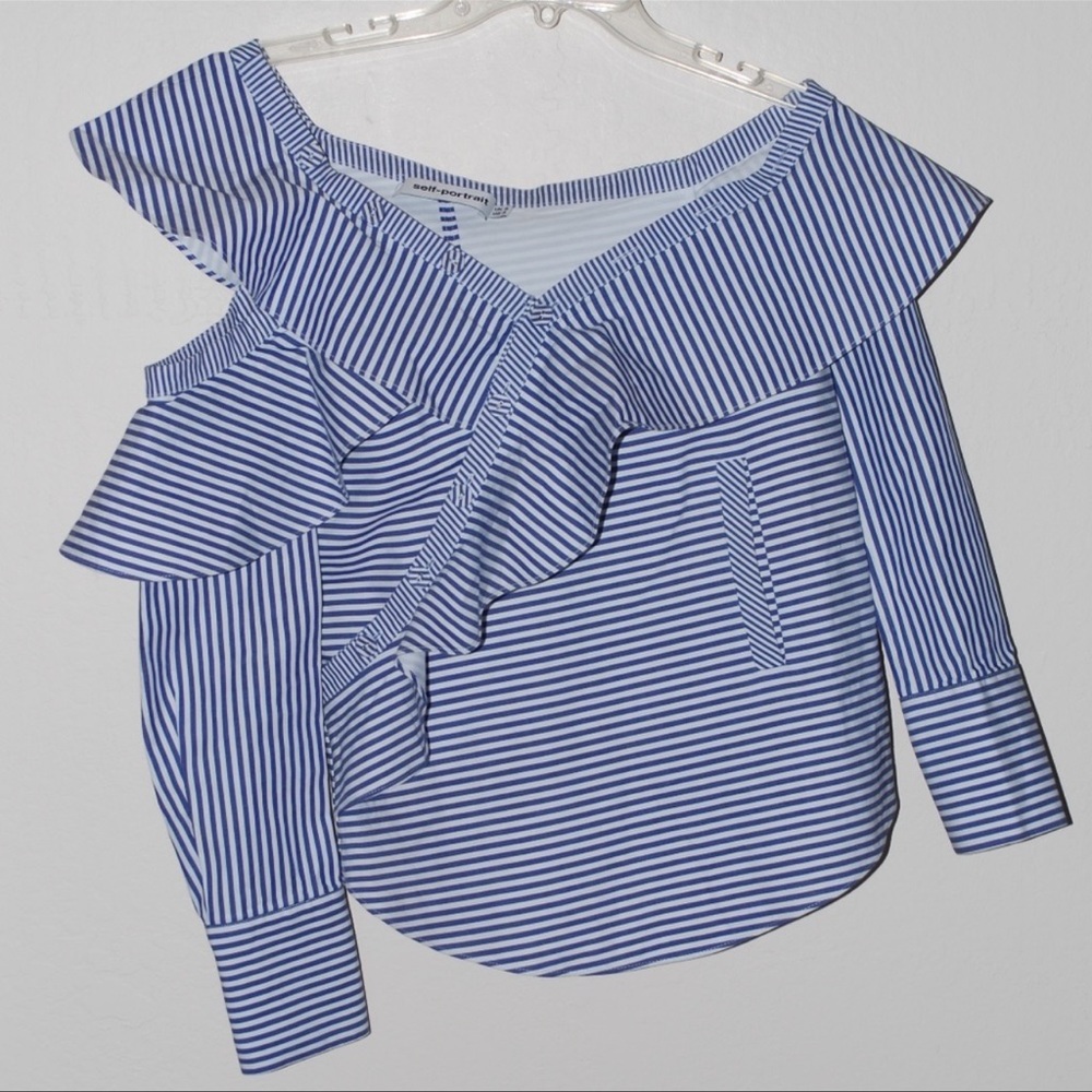 Self-Portrait Blue White Stripe Ruffle Top 4